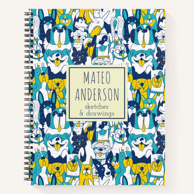 Cuaderno Patrón divertido de perros amarillos azules con no (Anverso)