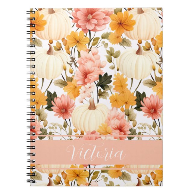 Cuaderno Patrón elegante de calabaza y flores de caída (Frente)