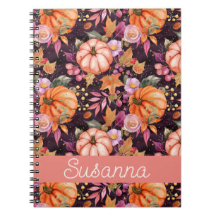Cuaderno Patrón elegante de calabaza y flores de caída