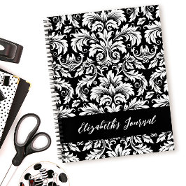 Cuaderno Patrón elegante de damasco blanco negro