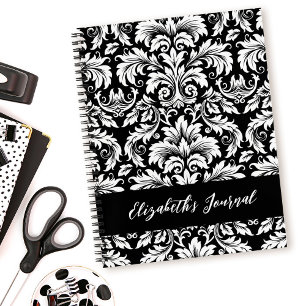 Cuaderno Patrón elegante de damasco blanco negro