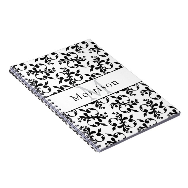 Cuaderno Patrón elegante de damasco francés blanco y negro (Lado Derecho)