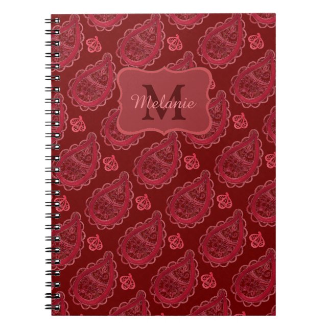 Cuaderno Patrón elegante de paisley borgoña personalizado (Frente)