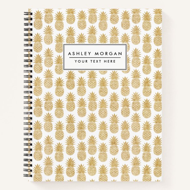 Cuaderno Patrón elegante de piña tropical dorada blanca (Anverso)
