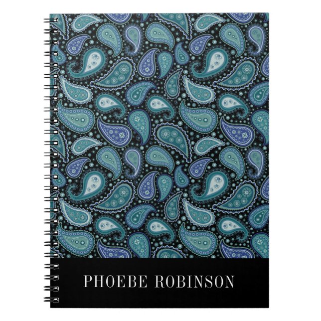 Cuaderno Patrón elegante retro azul paisley (Frente)