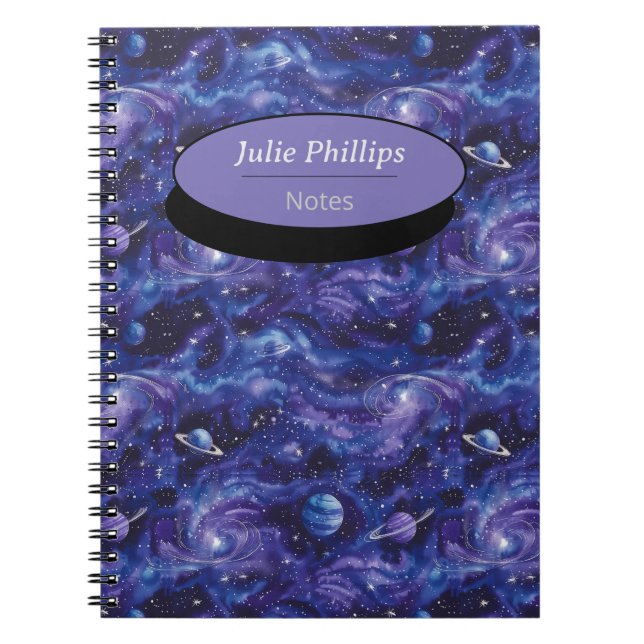 Cuaderno Patrón espacial con estrellas y planetas (Frente)