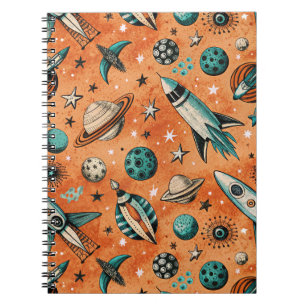 Cuaderno Patrón espacial de cohete retro terracota teal