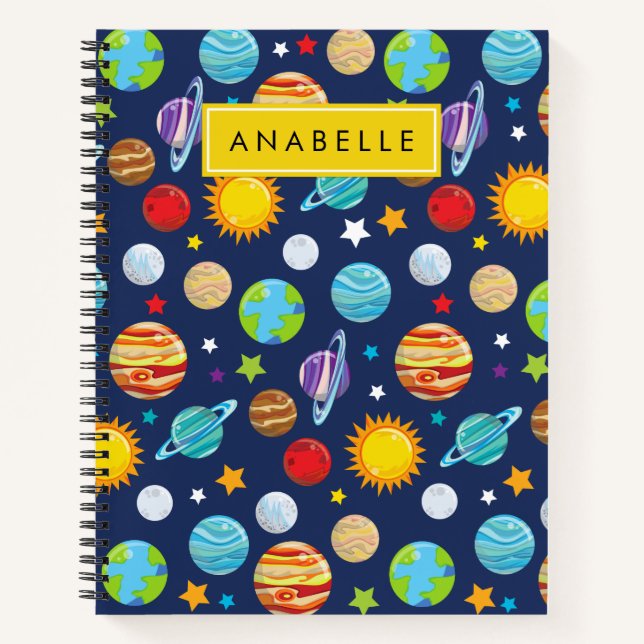 Cuaderno Patrón espacial, planetas, estrellas, cosmos, tu n (Anverso)