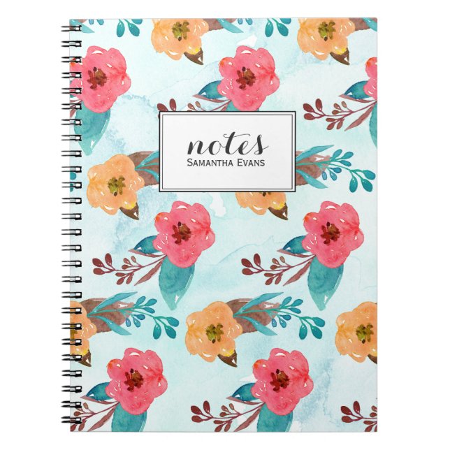 Cuaderno Patrón floral acuático azul y rosa (Frente)