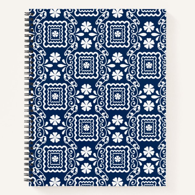 Cuaderno patrón floral azul blanco retro sesenta (Anverso)