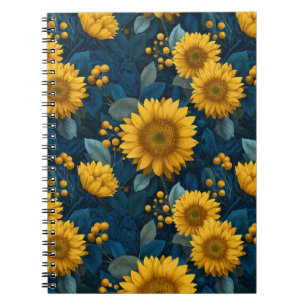 Cuaderno Patrón Floral Azul Girasol Amarillo Vintage