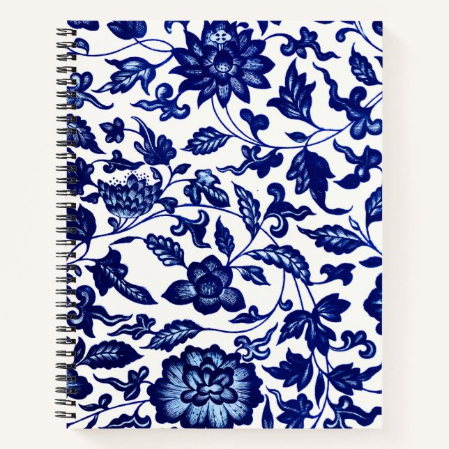 Cuaderno Patrón floral azul marino oscuro chino sobre blanc (Anverso)