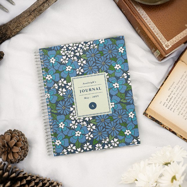 Cuaderno Patrón floral azul retro monogramado (Subido por el creador)