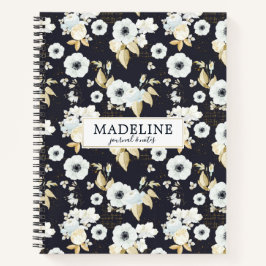 Cuaderno Patrón floral azul y blanco elegante personalizado