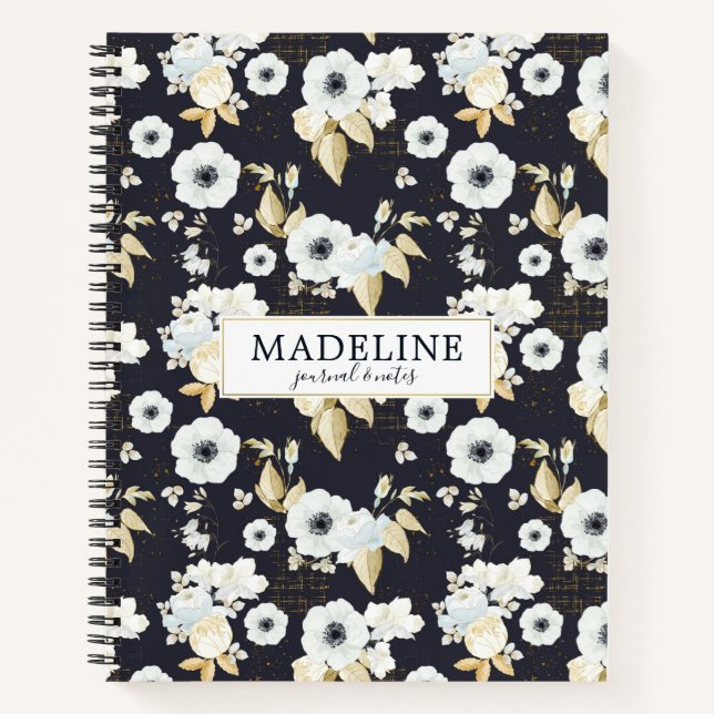 Cuaderno Patrón floral azul y blanco elegante personalizado (Anverso)