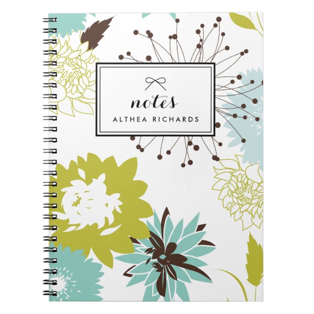 Cuaderno Patrón floral azul y chartreuse personalizado (Frente)