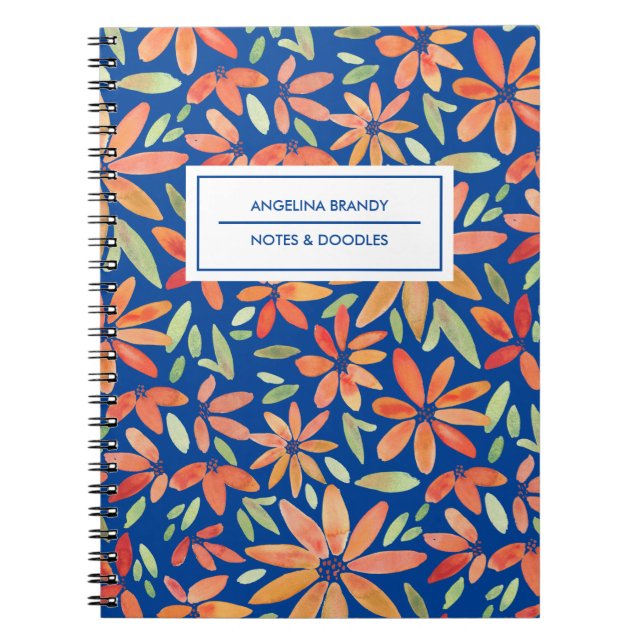 Cuaderno Patrón floral azul y Naranja Boho (Frente)