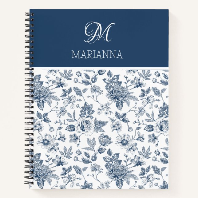 Cuaderno Patrón floral azul y nombre personalizado (Anverso)