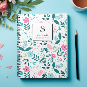 Cuaderno Patrón floral azul y rosa con monograma y nombre