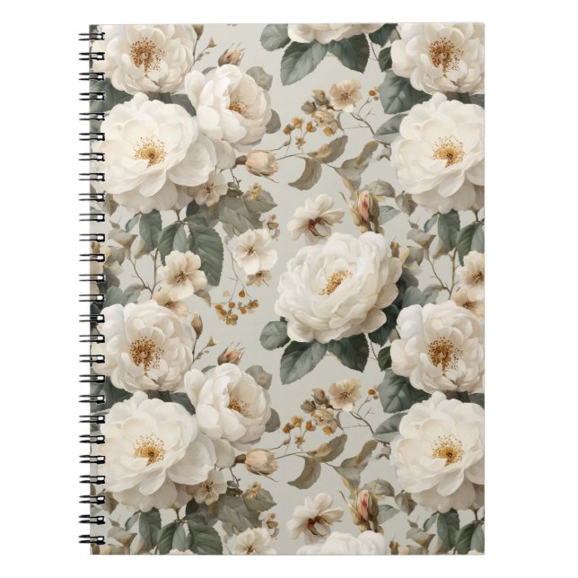 Cuaderno Patrón floral beige de rosa blanca suave  (Frente)