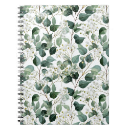 Cuaderno Patrón floral blanco de eucalipto verde botánico