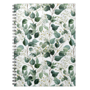 Cuaderno Patrón floral blanco de eucalipto verde botánico