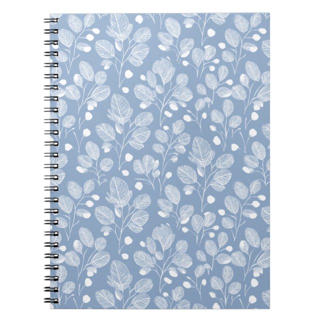 Cuaderno Patrón floral blanco de hoja azul suave escandinav (Frente)