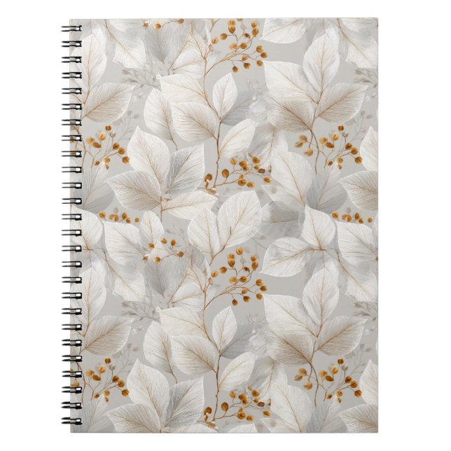 Cuaderno Patrón floral blanco de hoja forestal botánica (Frente)