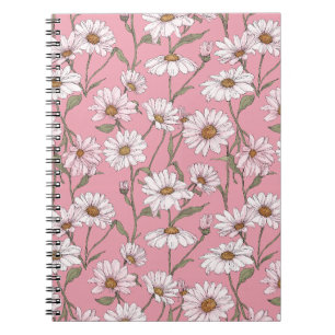 Cuaderno Patrón floral blanco de margarita rosa dibujado a