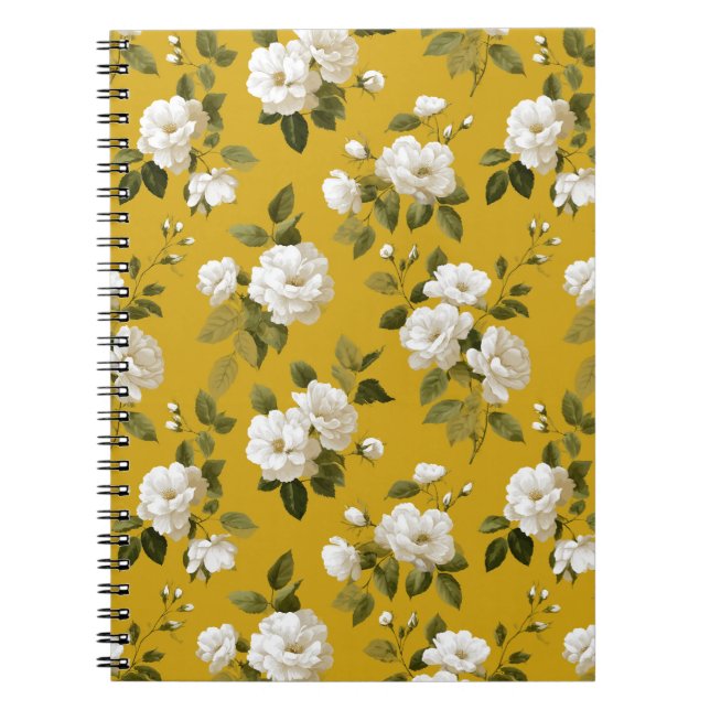 Cuaderno Patrón floral blanco de rosa amarilla clásica (Frente)