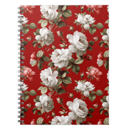 Cuaderno Patrón floral blanco de rosa roja clásica