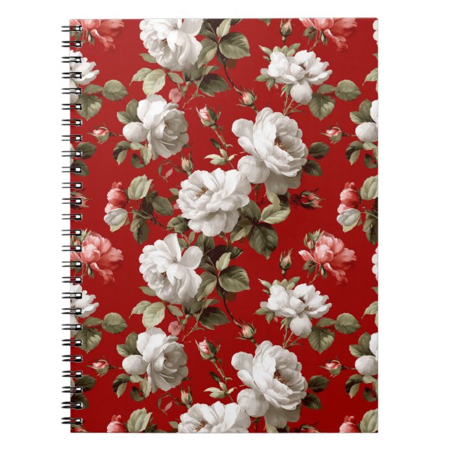 Cuaderno Patrón floral blanco de rosa roja clásica (Frente)