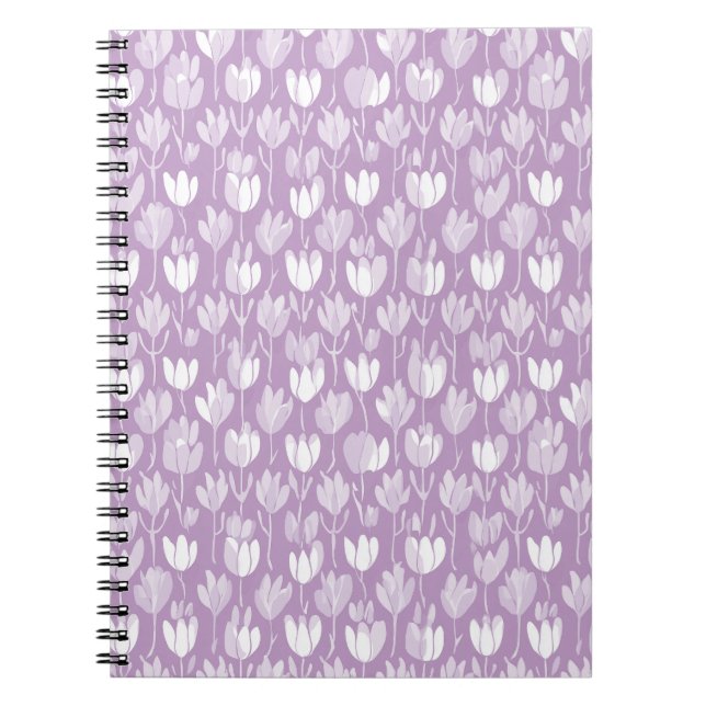 Cuaderno Patrón floral blanco de tulipán lavanda moderno (Frente)