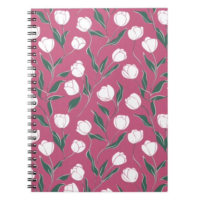 Cuaderno Patrón floral blanco de tulipán rosa moderno (Frente)