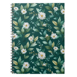 Cuaderno Patrón floral blanco hoja verde acuarela