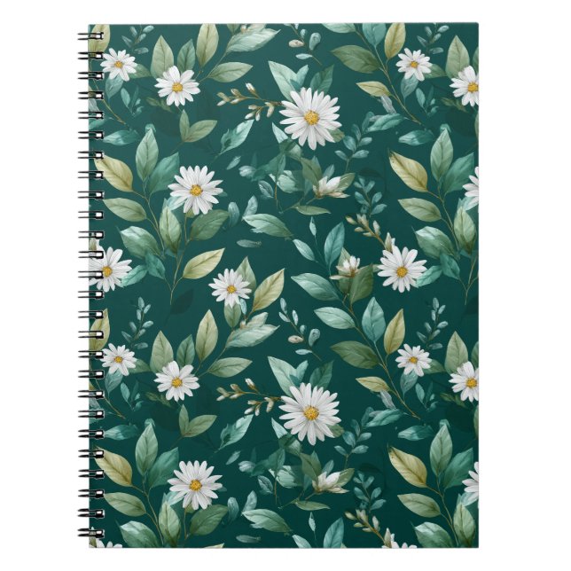 Cuaderno Patrón floral blanco hoja verde acuarela (Frente)