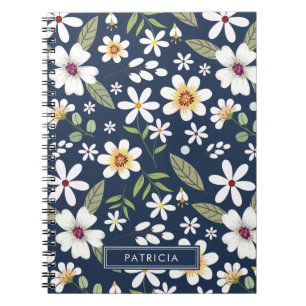 Cuaderno Patrón floral blanco Marina azul personalizado
