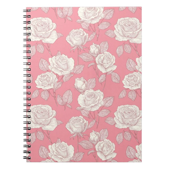 Cuaderno Patrón floral blanco rosa dibujado a mano (Frente)