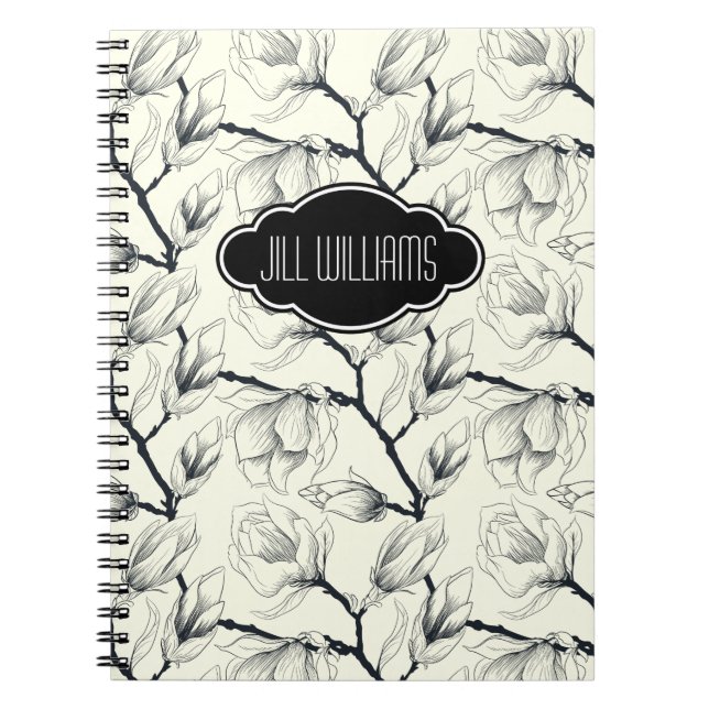 Cuaderno Patrón floral blanco y negro personalizado (Frente)