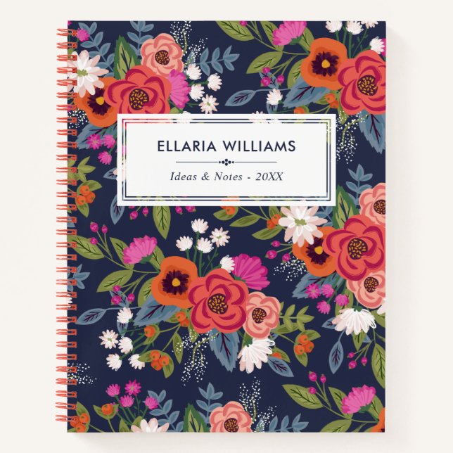 Cuaderno Patrón floral Boho - Azul marino y coral - Nombre (Anverso)