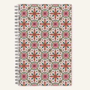 Cuaderno Patrón floral boho en rojo, rosa y azul verdoso