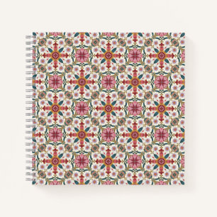 Cuaderno Patrón floral boho en rojo, rosa y azul verdoso