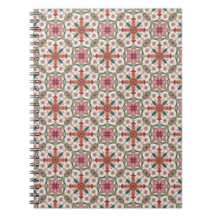 Cuaderno Patrón Floral Boho en Rojo, Rosa y Verde Azulado