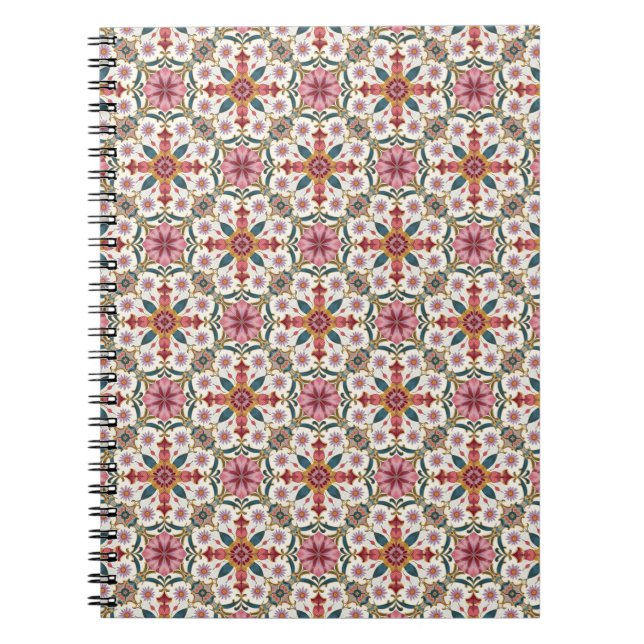 Cuaderno Patrón Floral Boho en Rojo, Rosa y Verde Azulado (Frente)