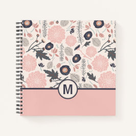 Cuaderno  Patrón floral botánico monograma Gris rosa