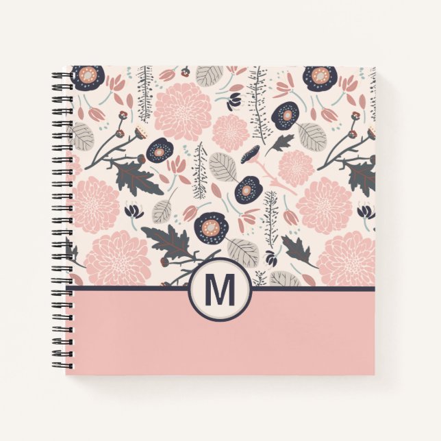 Cuaderno  Patrón floral botánico monograma Gris rosa (Anverso)