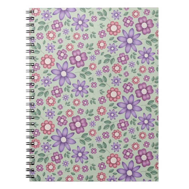 Cuaderno patrón floral caprichoso verde salvia tranquilo (Frente)