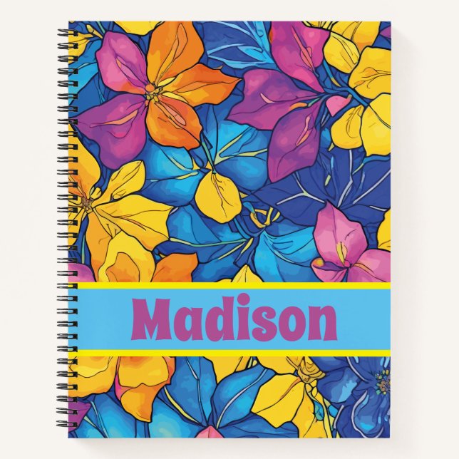 Cuaderno Patrón floral colorido de nombre personalizado (Anverso)