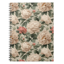 Cuaderno Patrón floral crema de peonía rosada vintage