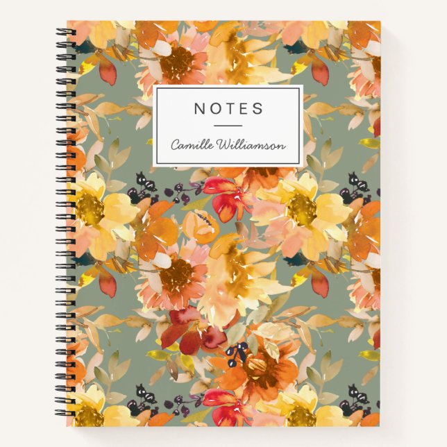 Cuaderno Patrón floral de acuarela de otoño personalizado  (Anverso)